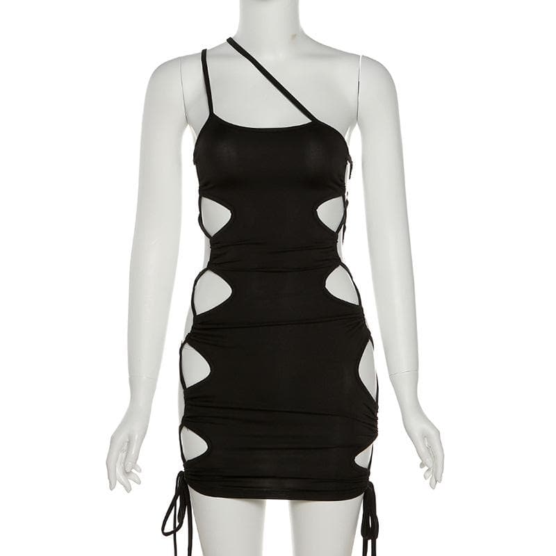 Hollow out one shoulder lace up drawstring low cut mini dress - View 8