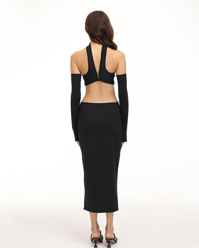 Strapless Cut Out Bodycon Midi Dress with Scarf and Gloves 6