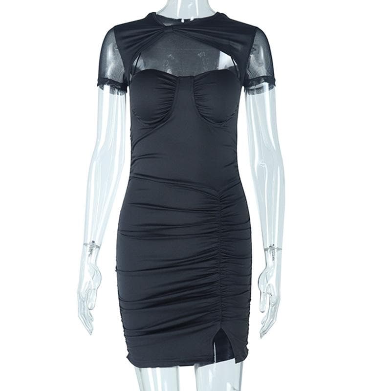 Ruched mesh solid hollow out short sleeve mini dress - View 9