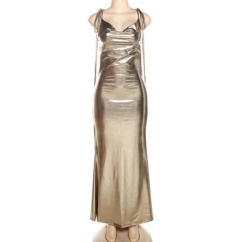 Metallic cowl neck cross back self tie ruched maxi dress - View 2