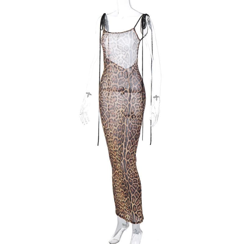 PRE ORDER - Mesh leopard print backless self tie ruched maxi dress - View 9