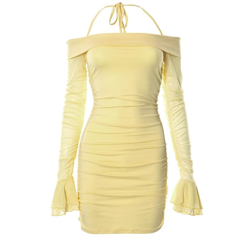 Off Shoulder Halter Neck Long Sleeve Mesh Ruched Bodycon Mini Dress - View 2