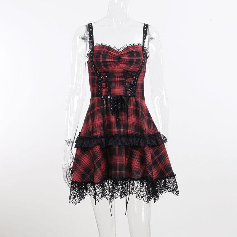 Zip-up lace hem lace up plaid backless mini dress - View 2