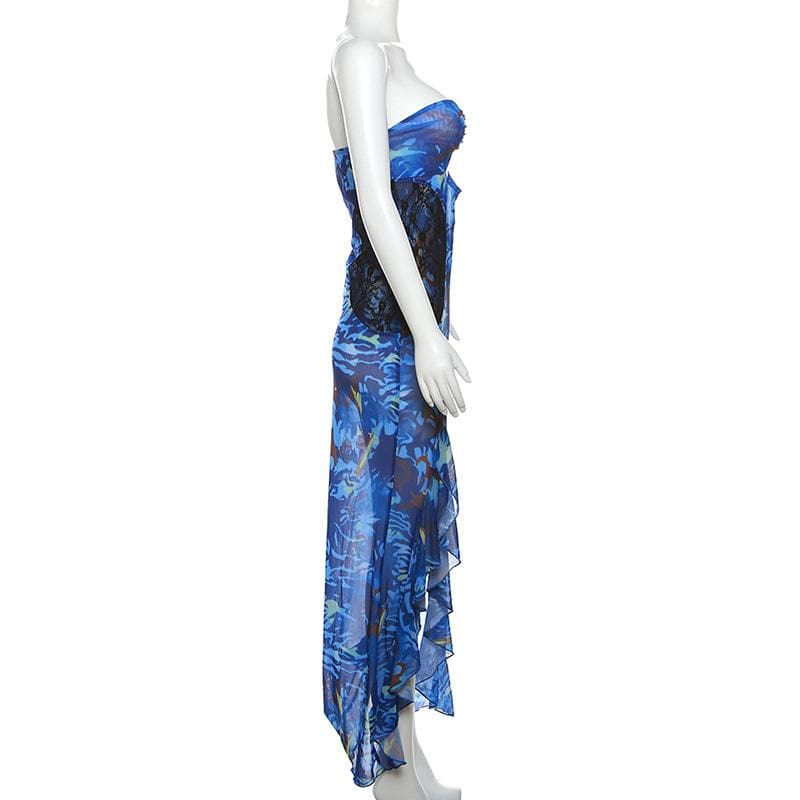 Mesh see through hollow out o ring contrast print ruffle maxi dress - View 3
