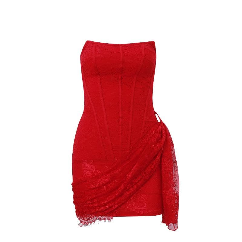 Irregular ruched backless lace up bustier tube mini dress - View 4