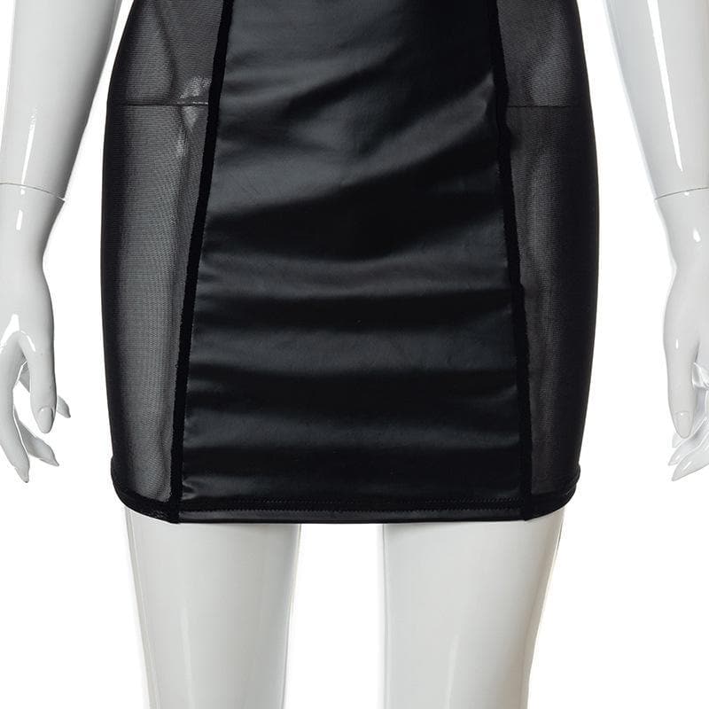 Lace up mesh PU leather patchwork halter dress - View 5