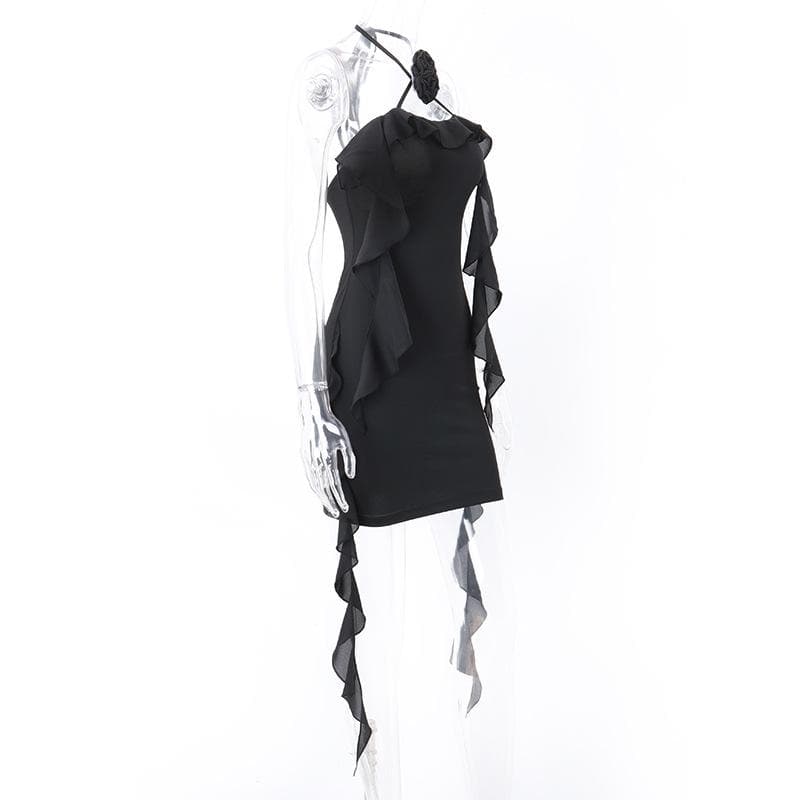 Halter Neck Flower Applique Ruffle Bodycon Mini Dress - View 5