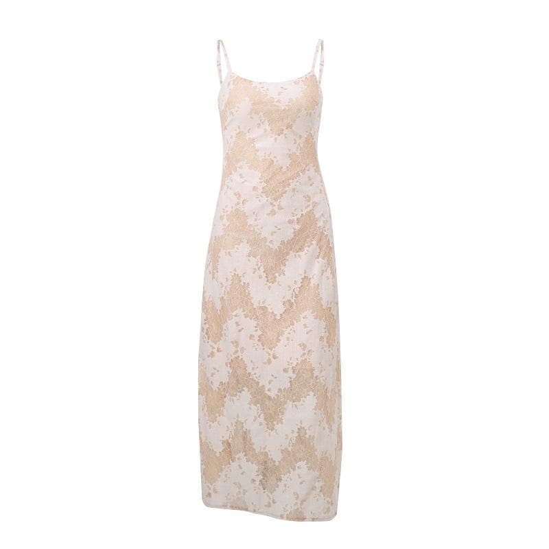 Lace u neck zip-up backless self tie cami midi dress - View 9