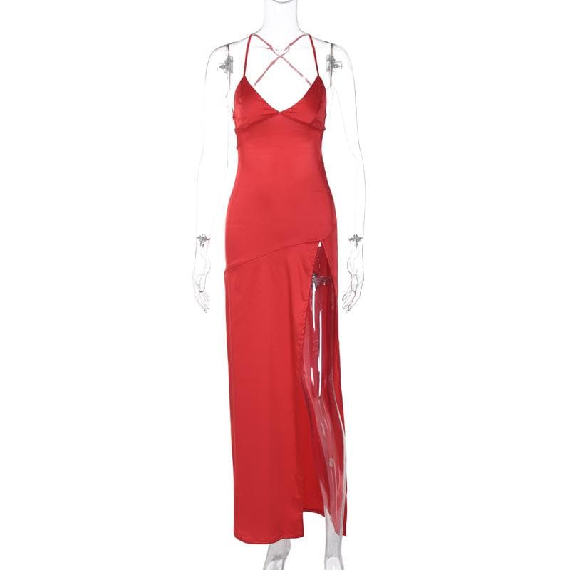 Slit cross back satin backless solid v neck maxi dress - View 2