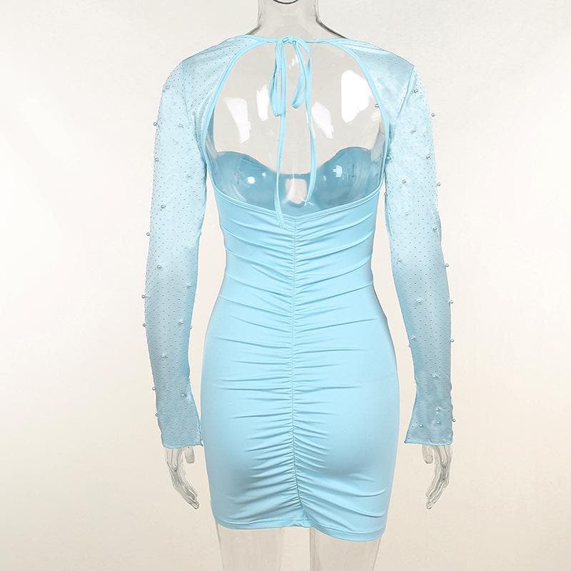 Long sleeve solid hollow out slit ruched beaded self mini dress - View 6