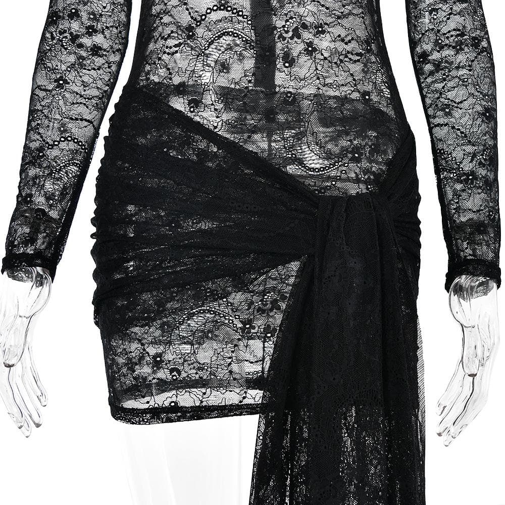 Lace see through long sleeve zip-up self tie ruched mini dress - View 8