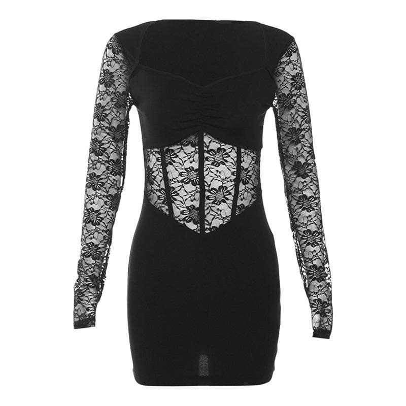 Lace Sweetheart Long Sleeve Corset Ruched Bodycon Mini Dress - View 3