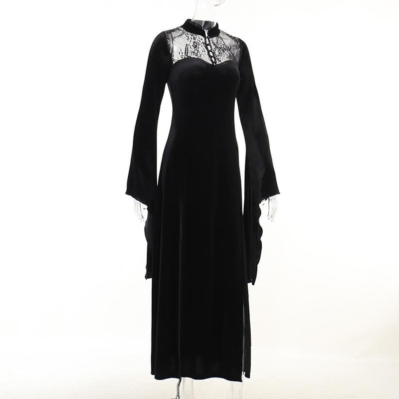 Velvet lace patchwork button solid high neck long midi dress - View 7