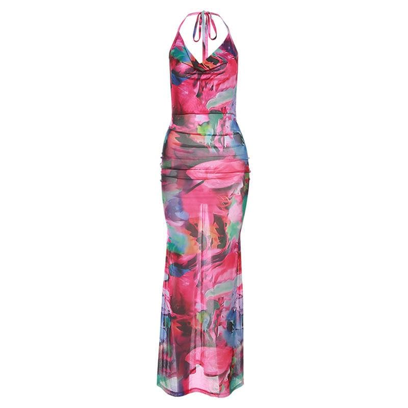Ruched halter sheer mesh see through backless maxi dress - View 2