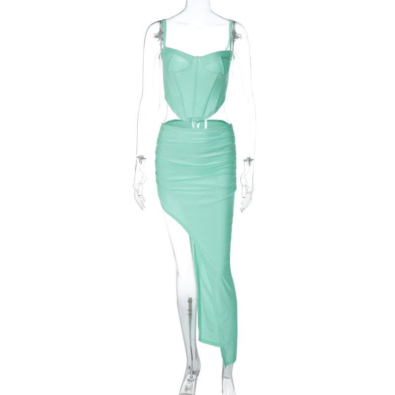 Low Cut Corset Ruched Backless High Split Maxi Dress - View 4