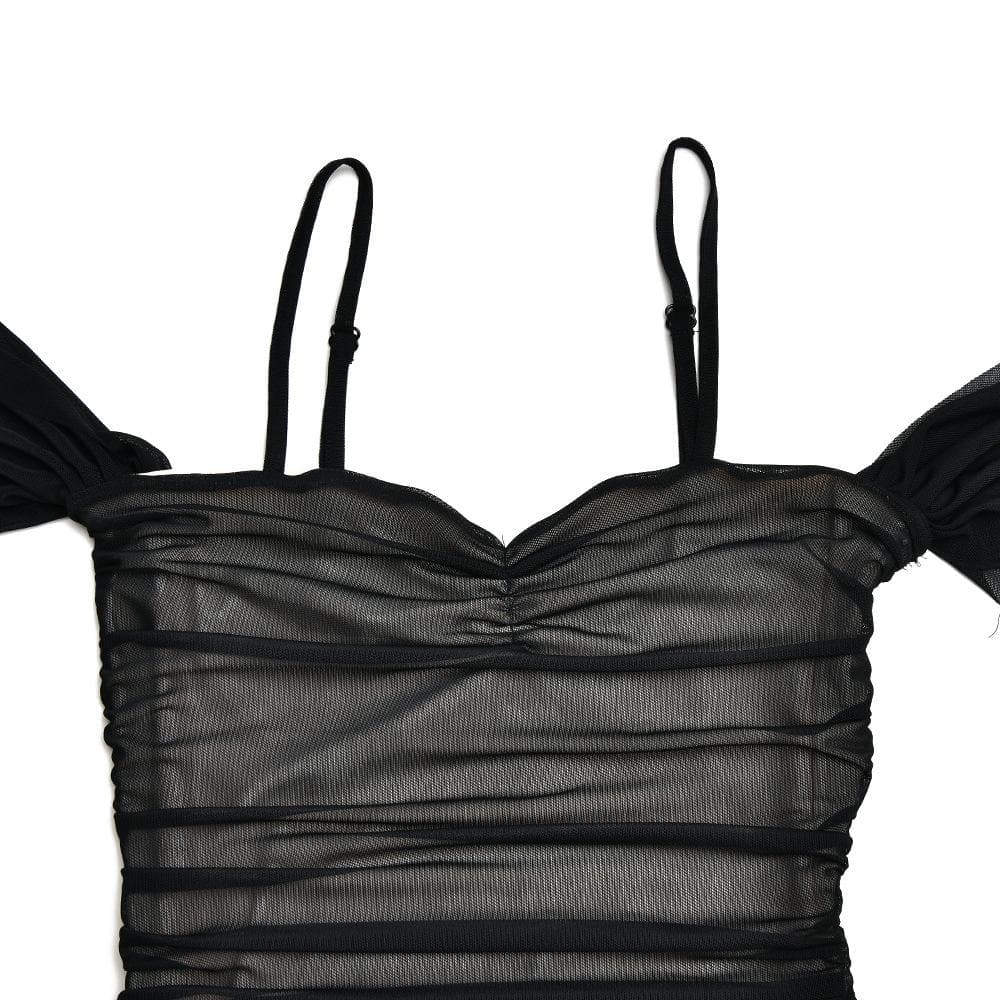 Mesh off shoulder ruched patchwork backless maxi dress - View 9