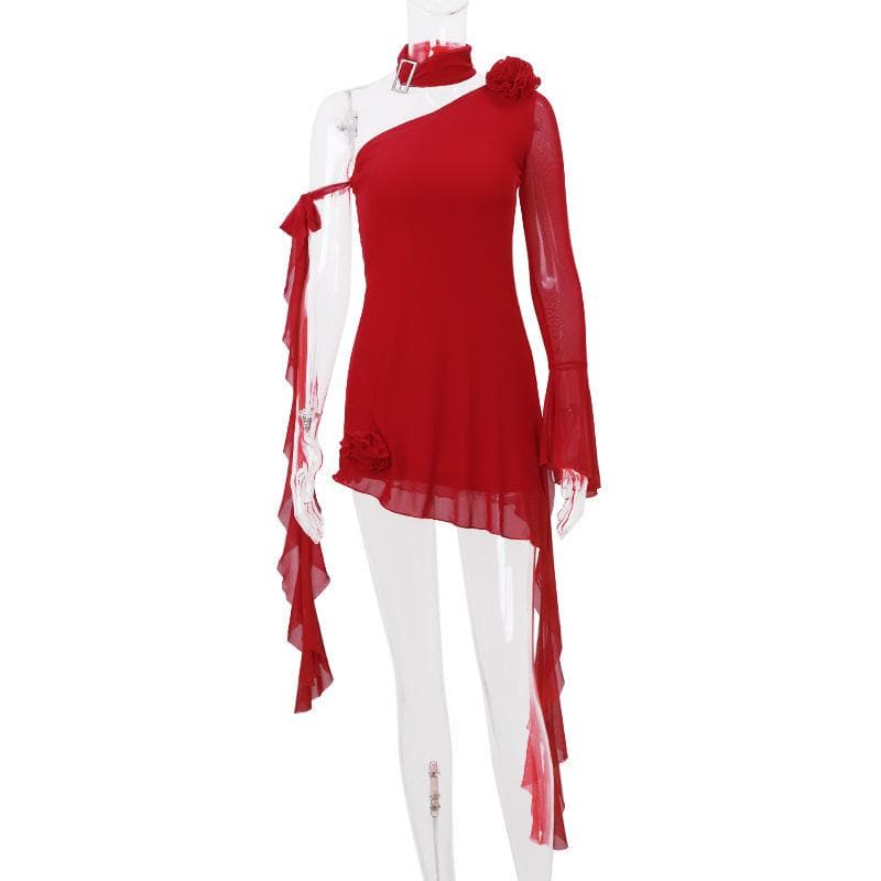 One Shoulder Flared Sleeve Mesh Flower Applique Ruffle Mini Dress - View 2