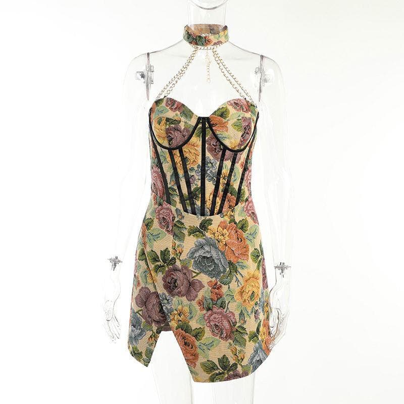 Floral Halter Neck Corset High Split Mini Dress - View 7