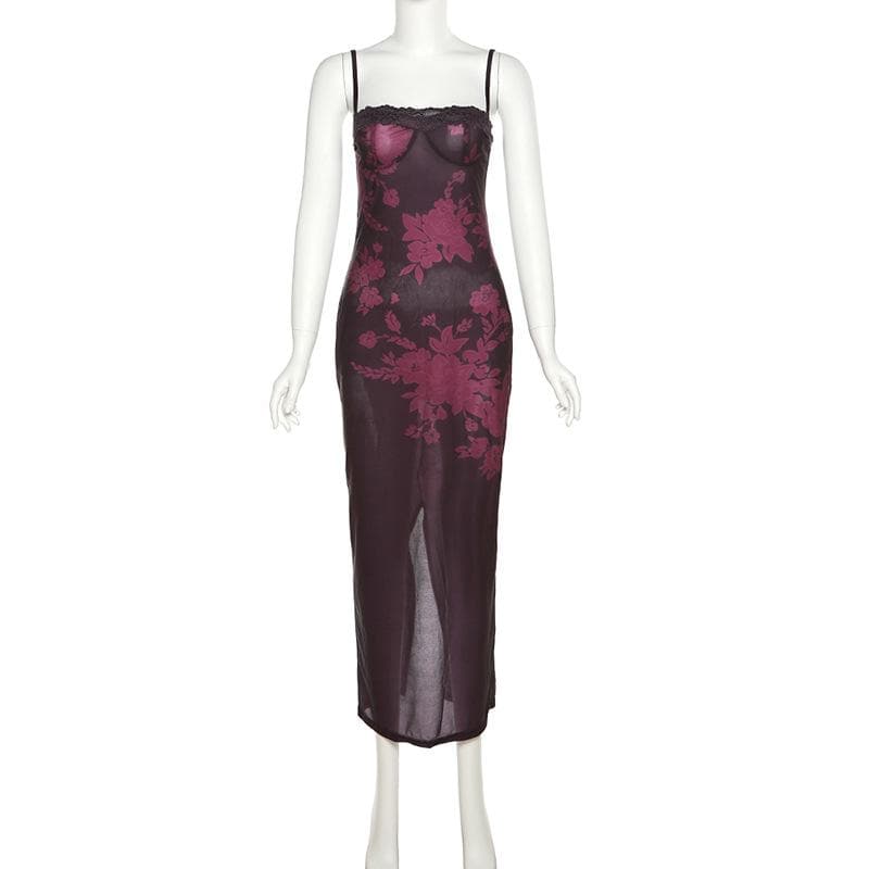 Floral Print Spaghetti Strap Lace Trim Bustier Mermaid Maxi Dress - View 8