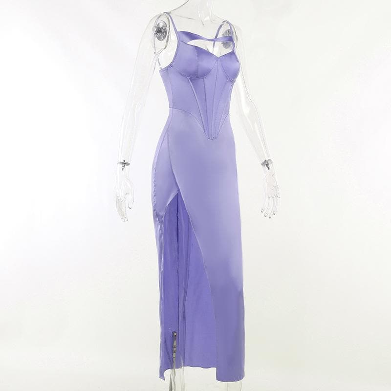 Satin Spaghetti Strap Corset Cut Out High Split Maxi Dress - View 5