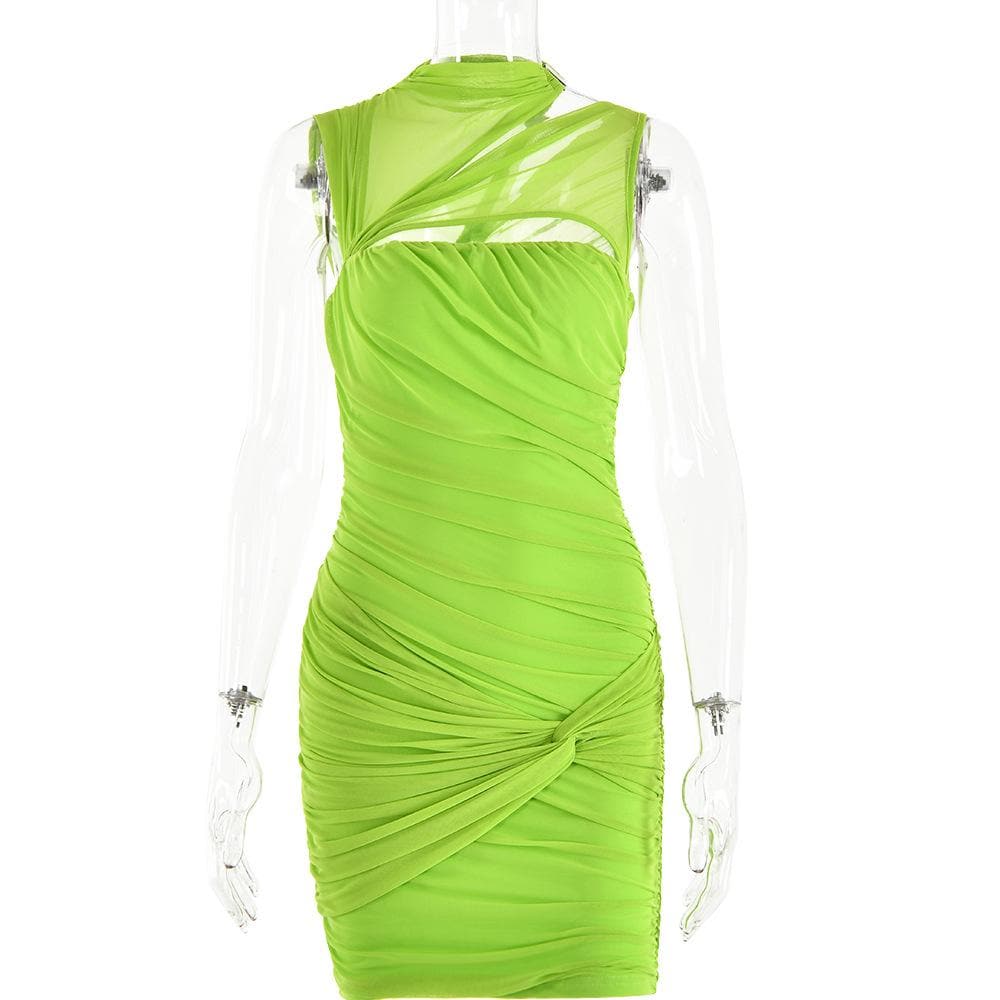 Sleeveless irregular hollow out mesh knotted ruched mini dress - View 8