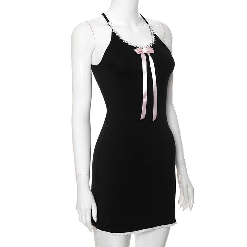 Bowknot ribbon lace hem u neck cross back backless cami mini dress - View 3