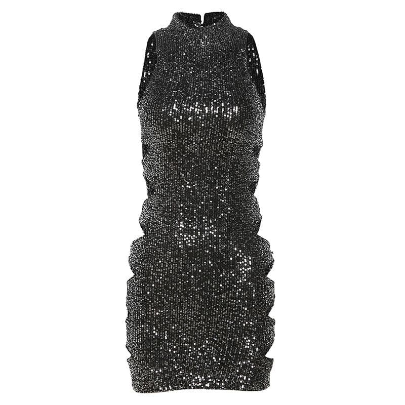 Glitter hollow out high neck button sleeveless mini dress - View 8