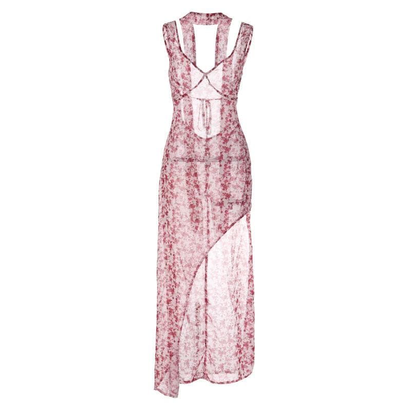Chiffon flower print contrast backless v neck sleeveless maxi dress - View 2