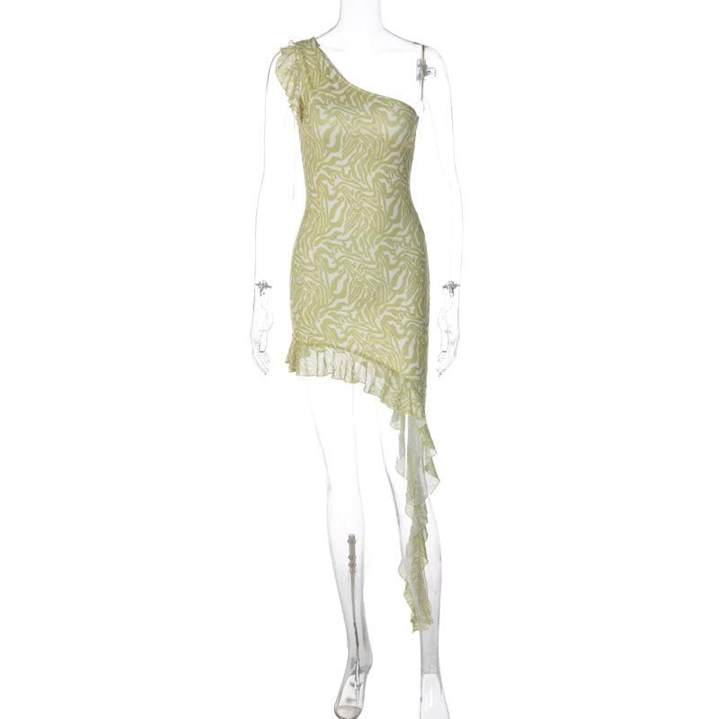 Mesh ripple contrast one shoulder irregular ruffle midi dress - View 8