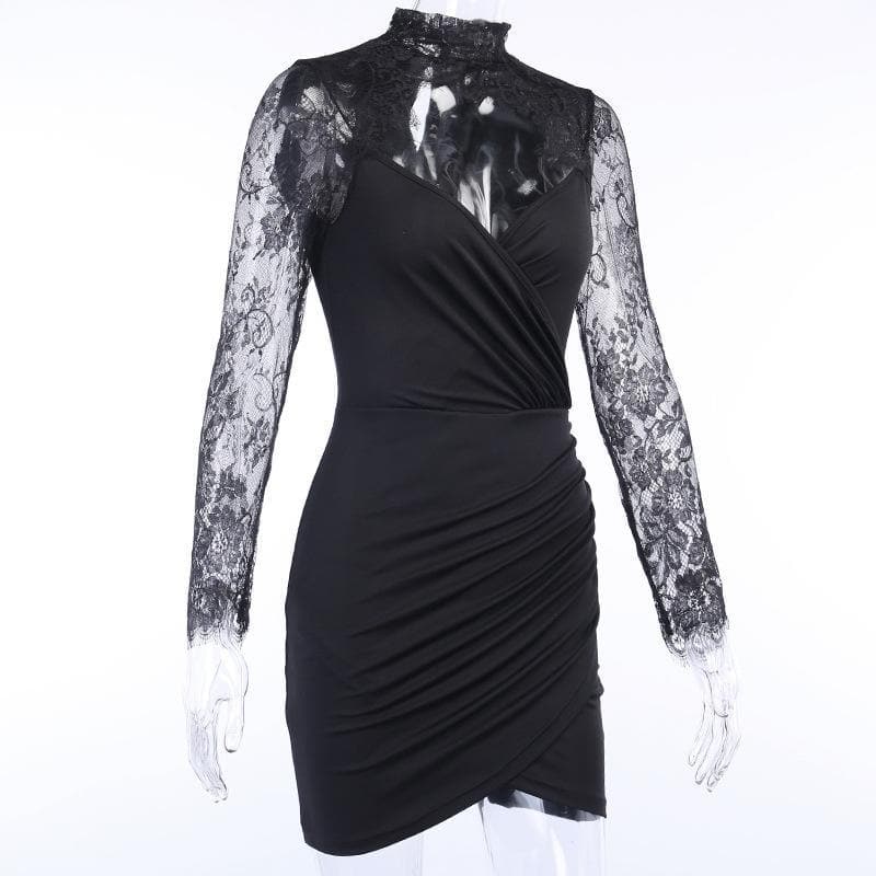 Hem lace low-cut high neck ruched midi dress - View 7