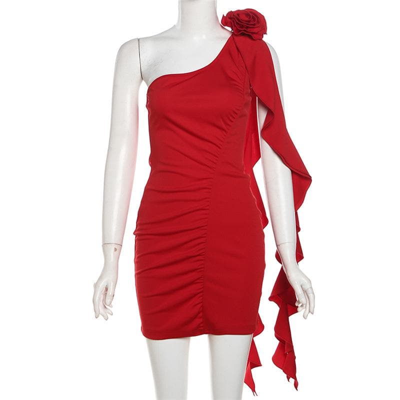 One Shoulder Ruched Flower Applique Ruffle Backless Bodycon Mini Dress - View 2