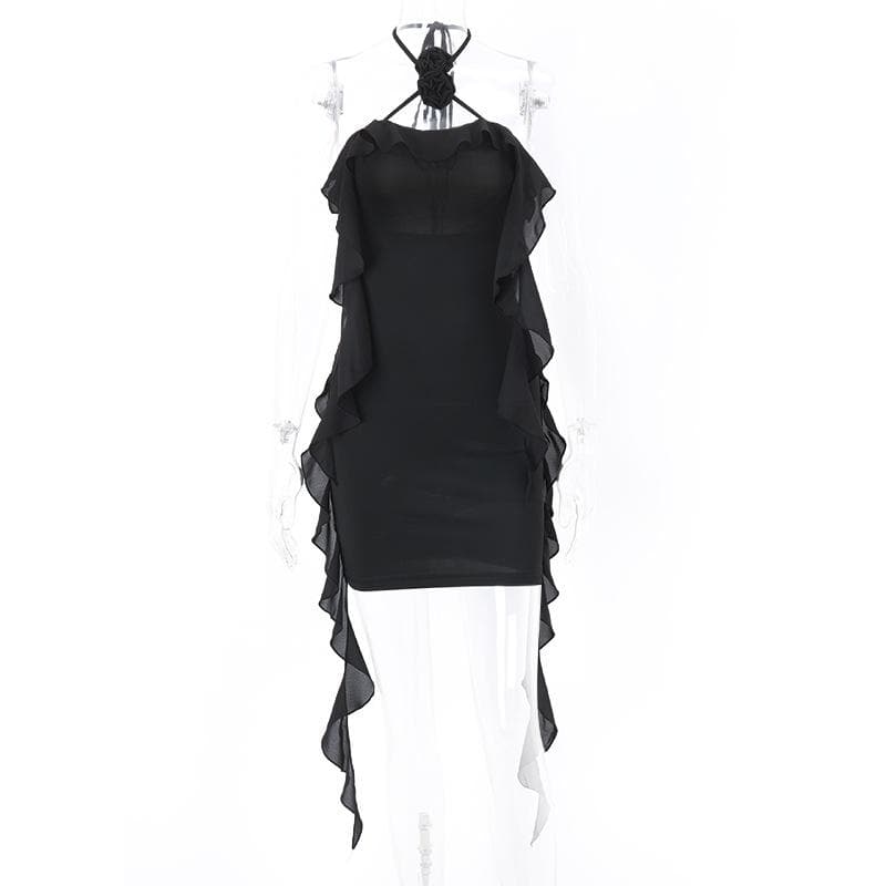 Halter Neck Flower Applique Ruffle Bodycon Mini Dress - View 4