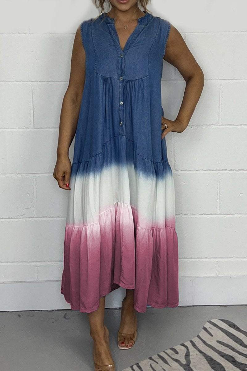 Chambray Sleeveless Button Front Tiered Midi Dress 6