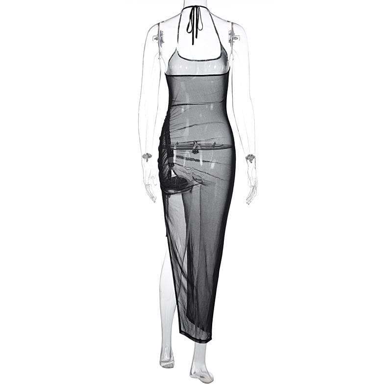 Halter drawstring sheer mesh see through slit backless maxi dress - View 5