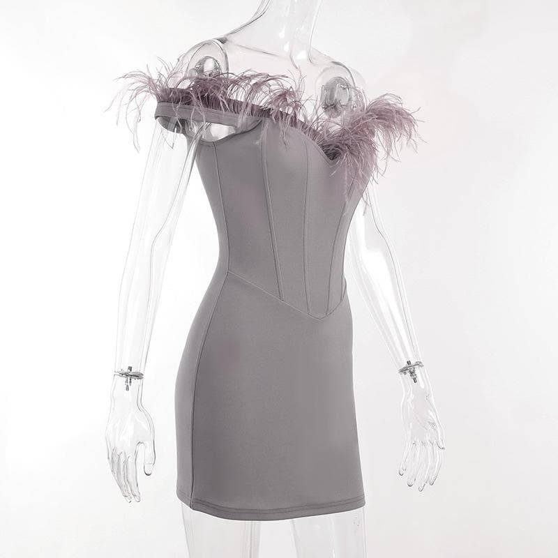 Feather Off Shoulder Sweetheart Corset Bodycon Mini Dress - View 4