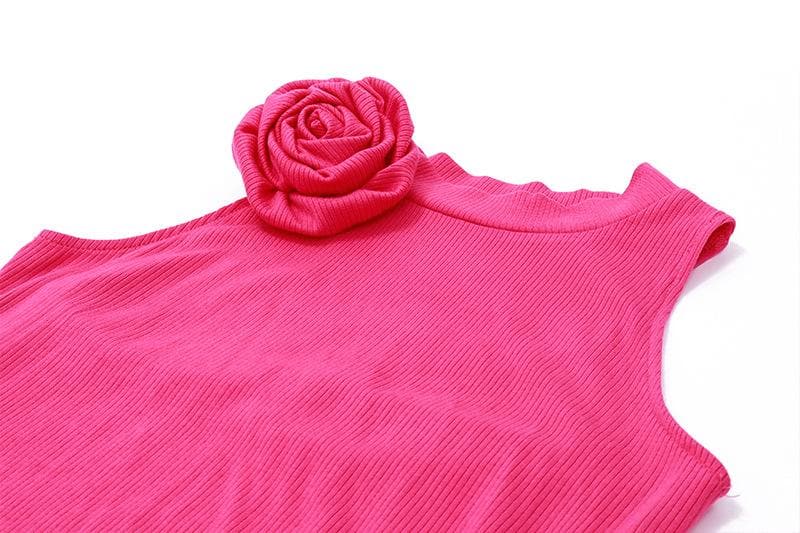 Ribbed Knit Sleeveless Flower Applique Ruffle Asymmetric Mini Dress - View 5
