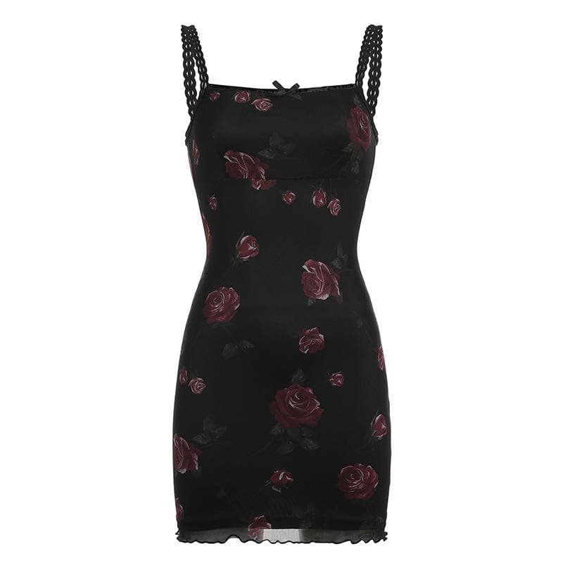 Floral Print Square Neck Spaghetti Strap Lace Trim Bodycon Mini Dress - View 2