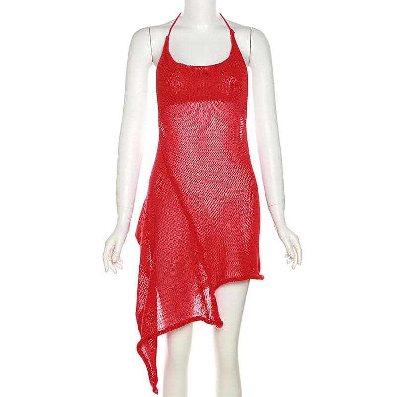 Knit Halter Neck Backless High Low Mini Dress - View 2