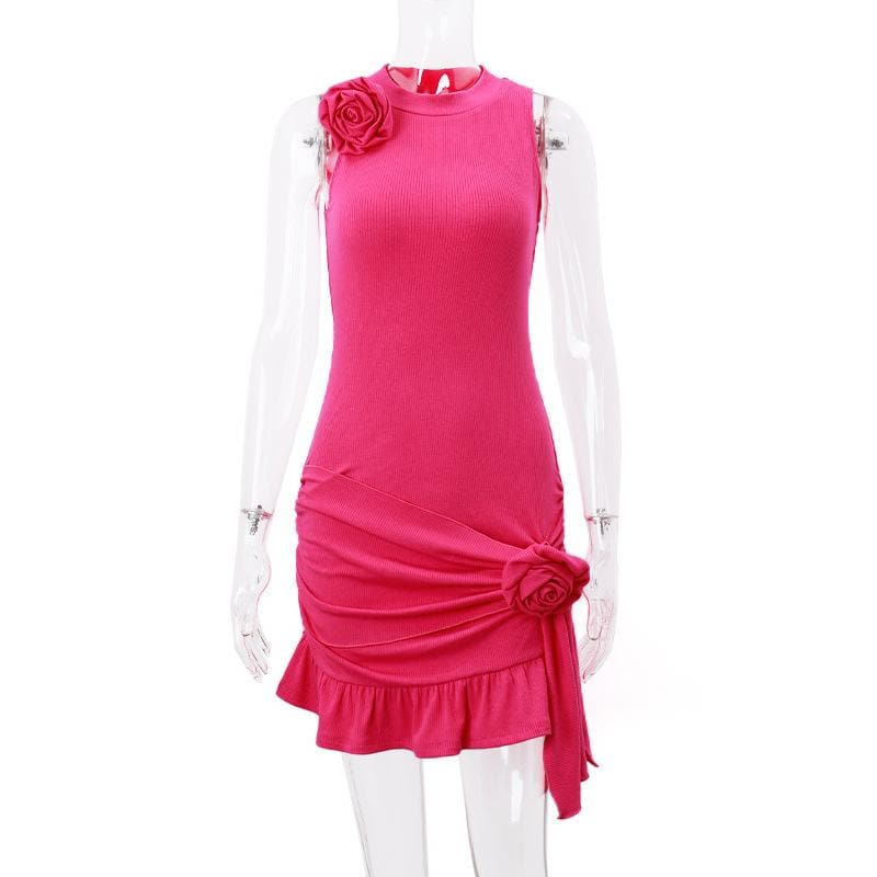 Ribbed Knit Sleeveless Flower Applique Ruffle Asymmetric Mini Dress - View 8