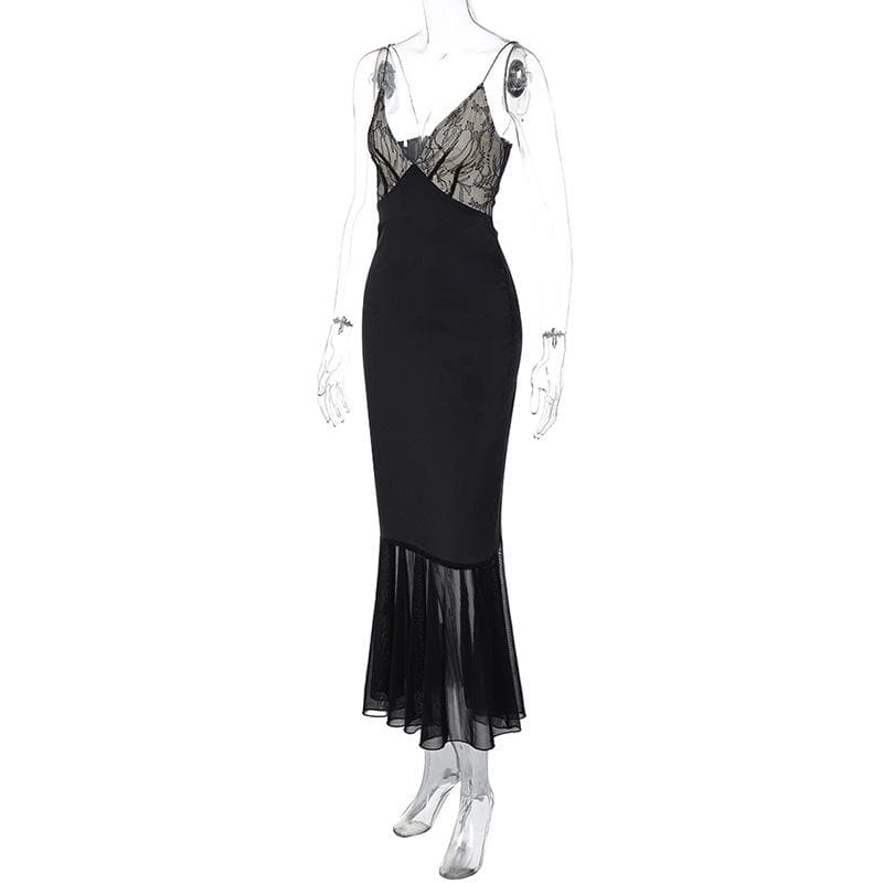 Lace patchwork contrast ruched v neck backless midi dress - View 8