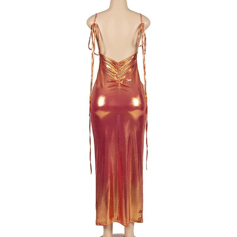 Metallic ruched backless self tie square neck maxi dress - View 5