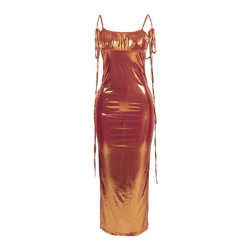 Metallic ruched backless self tie square neck maxi dress - View 9