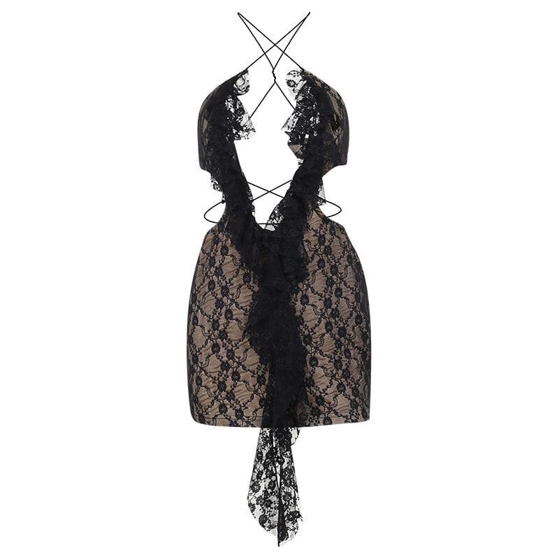Cross front backless hollow out lace hem contrast mini dress - View 2