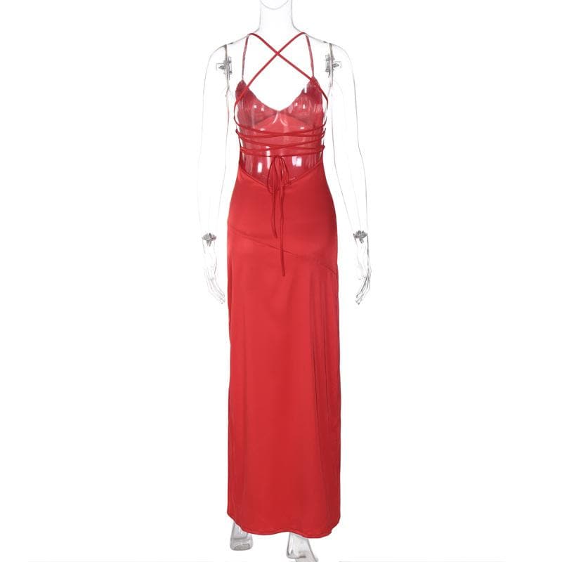 Slit cross back satin backless solid v neck maxi dress - View 4