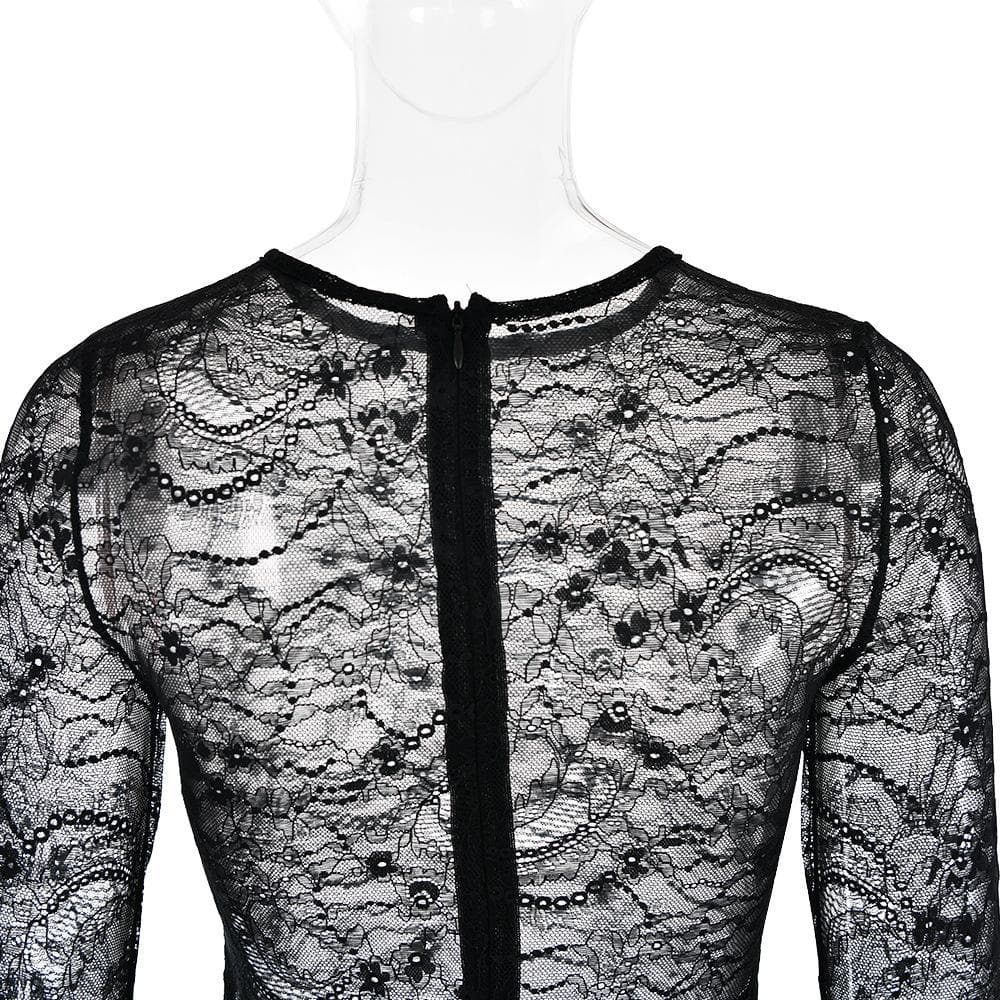 Lace see through long sleeve zip-up self tie ruched mini dress - View 6