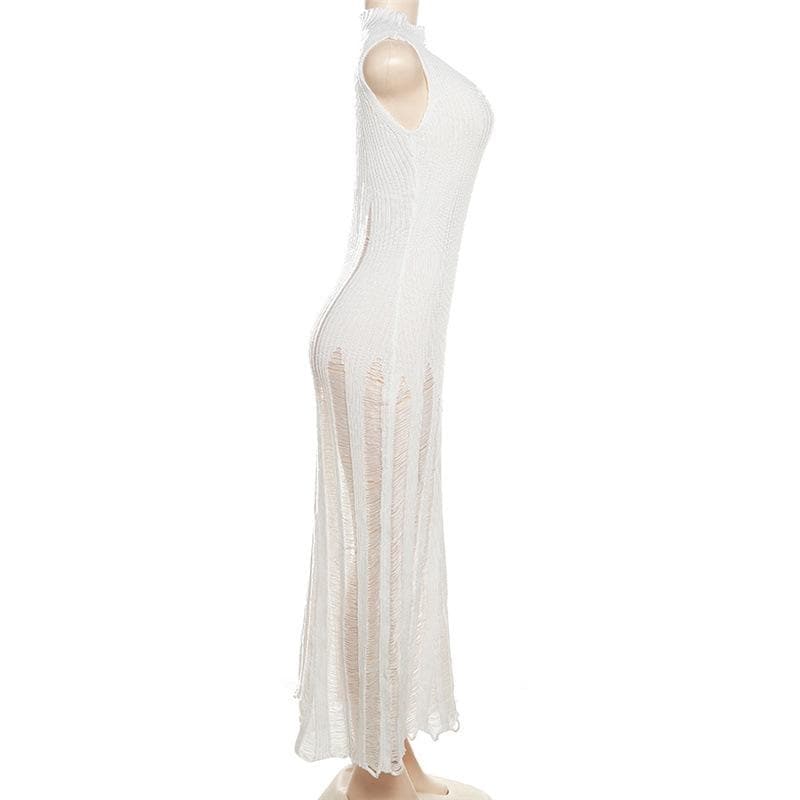 Ribbed Knit Mock Neck Sleeveless Distressed Shredded Maxi Dress - View 4