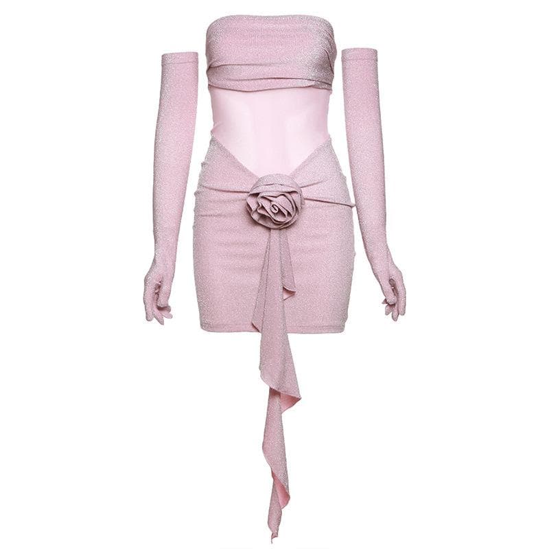 Glitter Strapless Mesh Cut Out Flower Applique Bodycon Mini Dress - View 2