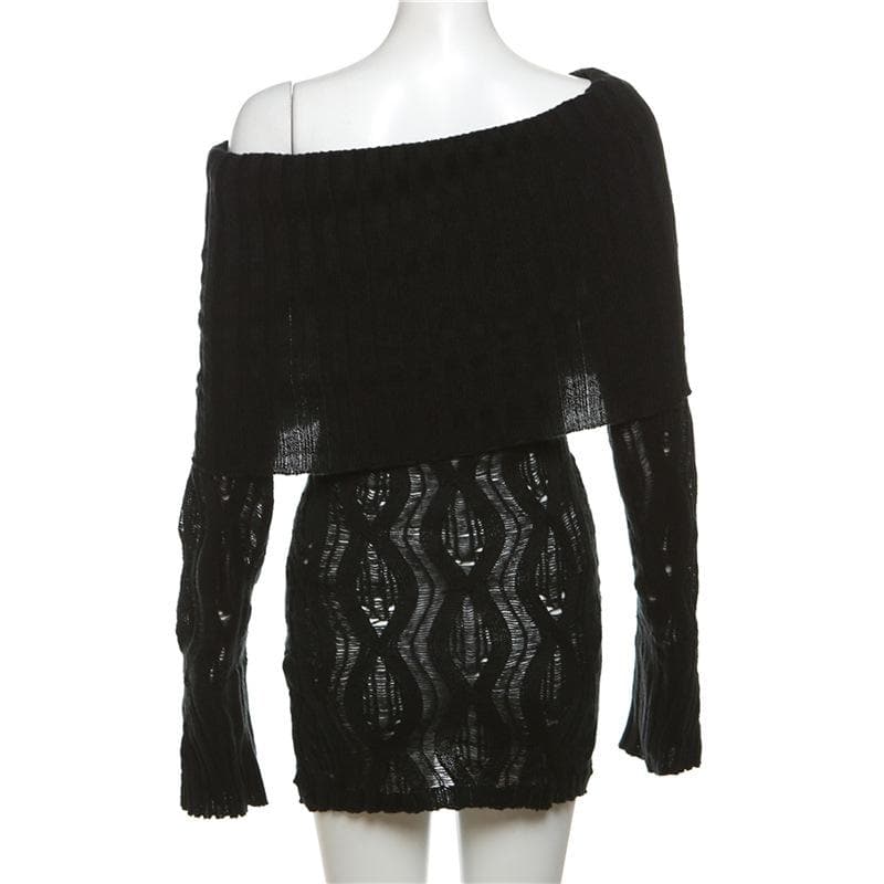 Crochet off shoulder long sleeve hollow out mini dress - View 4