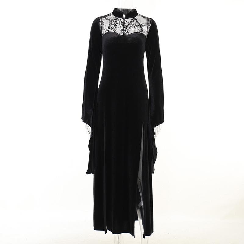 Velvet lace patchwork button solid high neck long midi dress - View 2