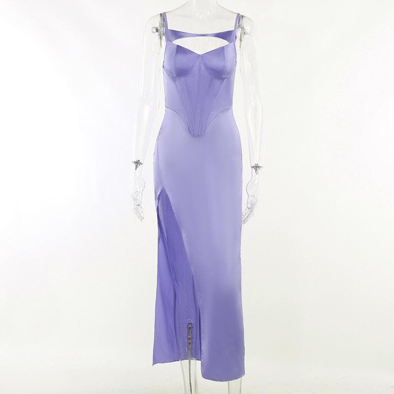 Satin Spaghetti Strap Corset Cut Out High Split Maxi Dress - View 4
